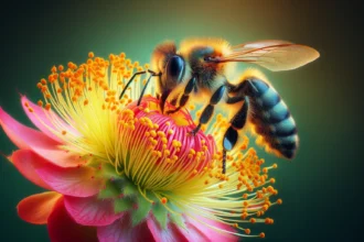 abeja recolectando néctar en una flor vibrante
