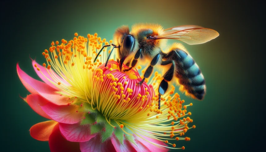 abeja recolectando néctar en una flor vibrante